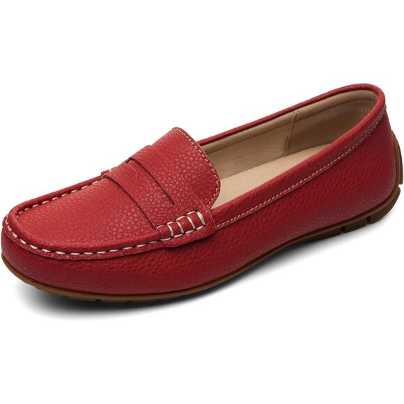 Kordal Women's Red Leather Comfortable & Lightweight Penny Loafers Flats - Picture 2 of 9